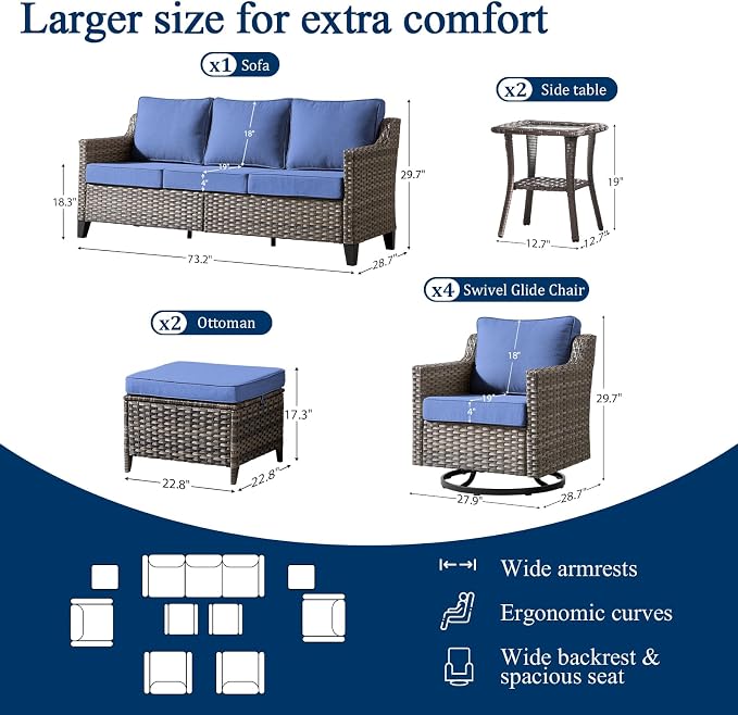 Luxury Patio Furniture sofa Set - 9 Pieces All Weather Wicker Outdoor Couch and High Back Swivel Rocker Patio Chairs with Side table&footstools for Deck Yard and Poolside Gray Wicker | Blue Cushions