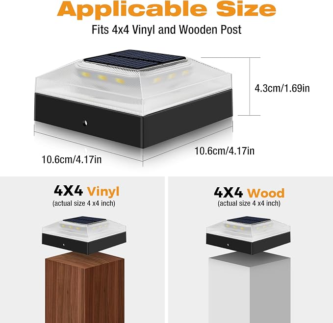 4x4 Solar Post Cap Lights Outdoor 8 Pack, 3 Color Modes/Dusk to Dawn/IP65 Waterproof, Fits 4x4 Vinyl/PVC Wood Posts Top, Black LED Fence Topper Light for Deck, Backyard