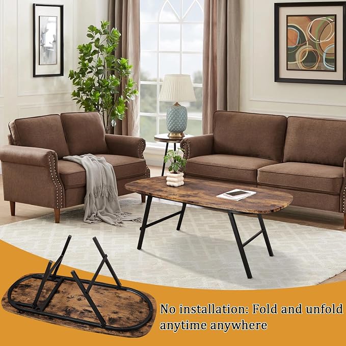 Foldable Coffee Table Natural Wood Oval Coffee Tables No Assembly Portable Floor Table Desk for Sitting on The Floor Low Coffee Table for Small Spaces Living Room Outdoor Use