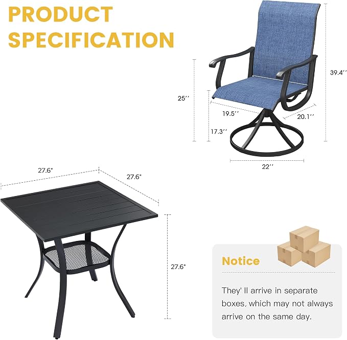 VICLLAX 3 Pieces Patio Dining Set for 2-28" Square Small Outdoor Table and 2 Patio Swivel Chairs for Lawn Garden, Black Tabletop and Blue Fabric