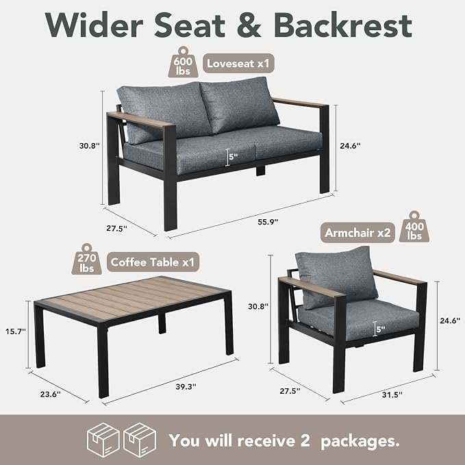 Outdoor Patio Furniture Set 4 Seats Luxury Aluminum Patio Conversation Set with Coffee Table, Washable Thick Cushions, Large Sectional Sofa for Porch, Balcony, Deck, Yard, Gray