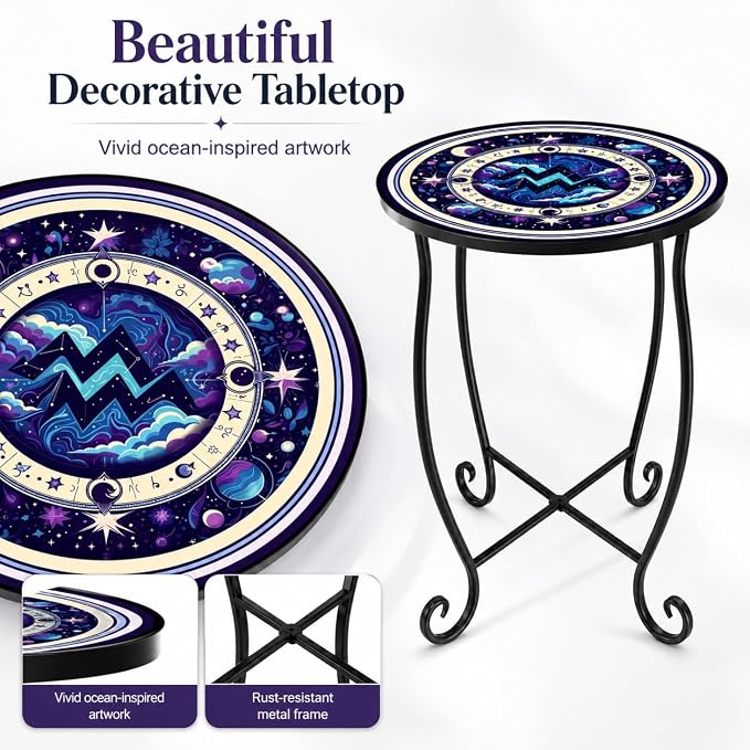 15 Inch Tall Patio Side Table, Small Patio Table for Outdoor Deck Porch Poolside, Ocean Wave Metal End Table, Rust Resistant Garden Stool Matches Mosaic Outdoor Side Table Decor