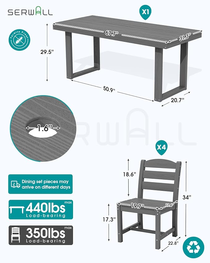 SERWALL HDPE Outdoor Dining Set for 4, 67'' Patio Table and Chairs Set | with Armless Seat