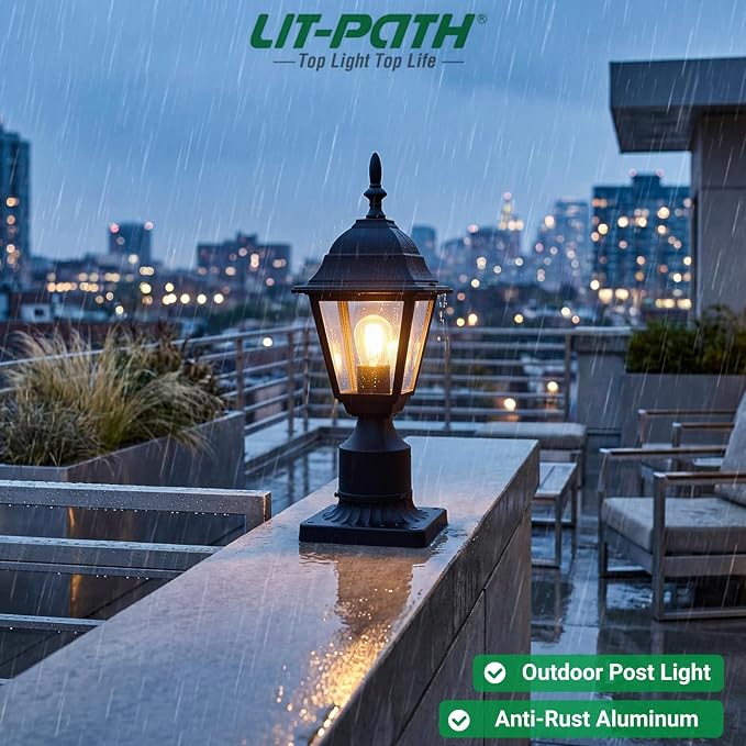 Outdoor Post Light, Rustproof Aluminum Pole Lamp, Black | Exterior Lamp Post Light Fixture for Garden, Yard, Pathway, Waterproof, Glass, E26 Base, Max 60W