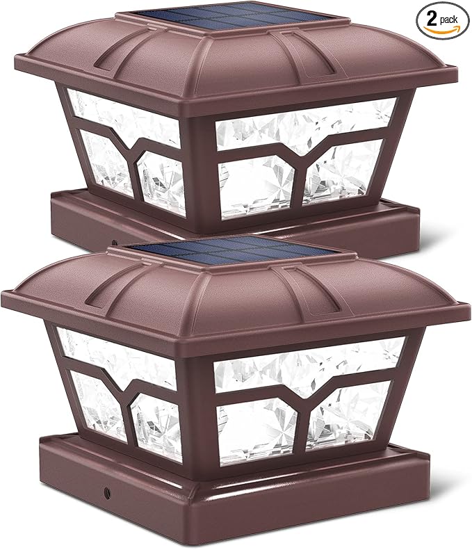 SIEDiNLAR Solar Post Cap Lights Outdoor 2 Color Modes 8 LEDs for 4x4 5x5 6x6 Posts Fence Deck Patio Decoration Warm White & Cool White Lighting Brown (2 Pack)