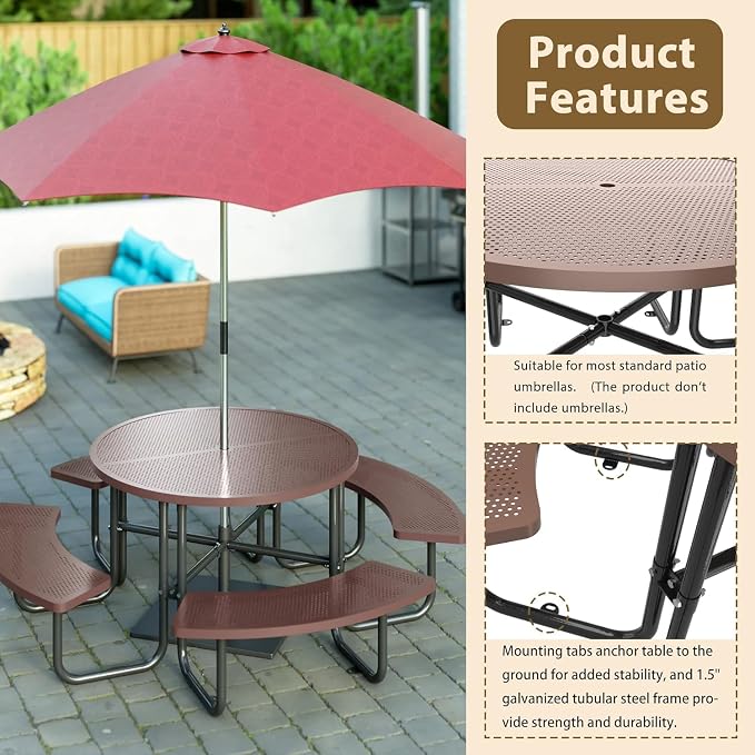 Coated Steel Heavy Duty Picnic Table for Outdoors 3200 lbs Load, Round Camping Table with 1.78" Umbrella Hole, Commercial Picnic Table with Benches, Brown