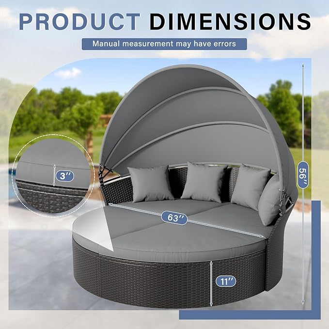 Patio Round Daybed with Canopy, Outdoor Wicker Rattan Sectional Sofa Set with Cushions, Patio Conversation Set for Backyard, Porch, Pool (Black)