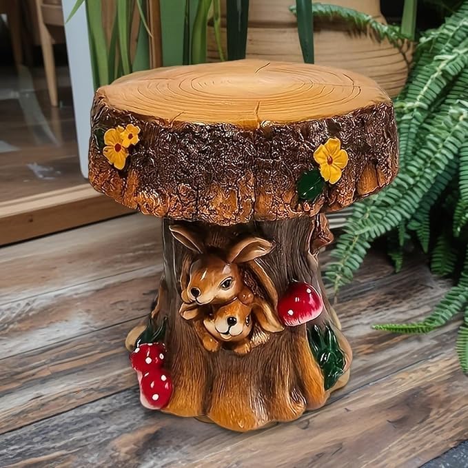 12.6" Resin Squirrel Garden Chair, Indoor & Outdoor Accent Stool, Brown | Round Tree Stump Design w/ Squirrel Details, Weather-Resistant for Patio, Backyard, Terrace & Home Decor