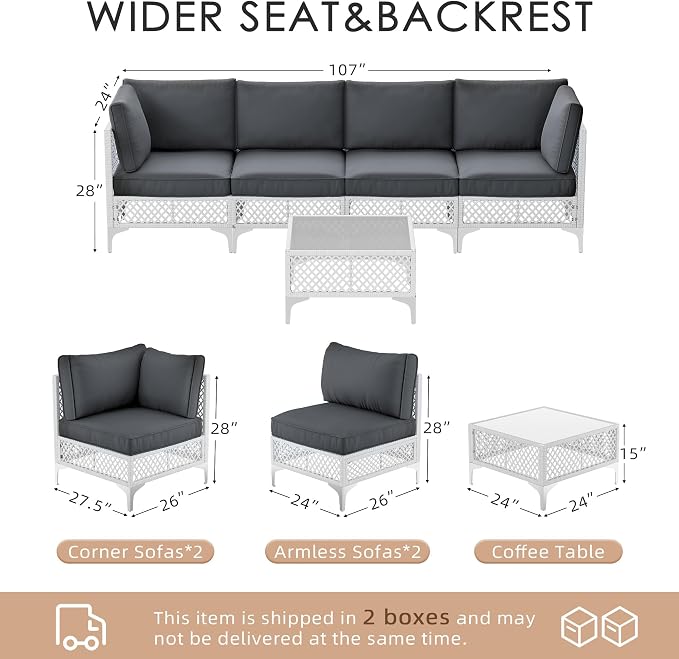 Vikiullf Patio Conversation Set, 5 Piece Outdoor Sectional Sofa Set with Coffee Table, White Wicker with Grey Cushions (White and Grey, 5 piece)