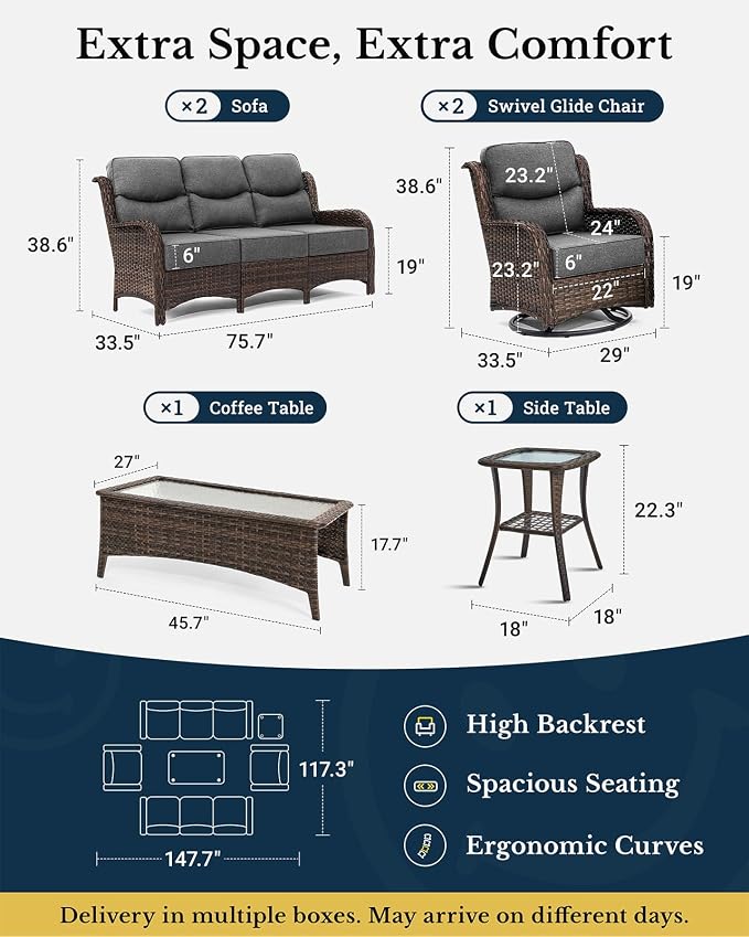 HILLGA Luxury Outdoor Patio Furniture Set with 6-Inch Thick Cushions, High Back Wicker Swivel Rocker Chairs, 6Pcs All Weather Sofa Set for Large Deck, Yard and Poolside, Gray (V3)