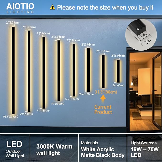 AioTio Outdoor Wall Lights Exterior,31.5inch Black Outdoor Light Fixtures Wall Mount,3000k Waterproof Modern Porch Lights Wall Sconce,Long LED Linear Outside Lighting for Garage,Courtyard