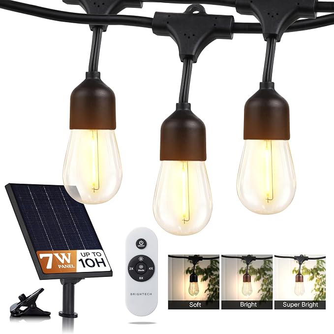 Brightech Solar String Lights with 32 Hanging Edison Bulbs and Brightness Controls with Remote 7W-104 3000K