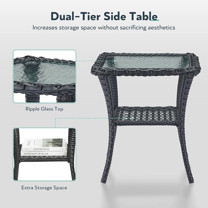 Outdoor Swivel Glider Rocker Chairs Set- 5 Piece Patio Furniture Set, Patio Bistro Sets with Tempered Glass Side Table and 2 Ottoman, for Balcony, Porch - Black Wicker Beige Cushion