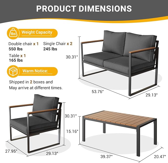 UDPATIO Metal Outdoor Patio Furniture Set, Modern Outdoor Conversation Sets w/Coffee Table, Sectional Furniture with Thick, Washable and High-Resiliency Sponge Cushions, Deep Grey, 4 PCS
