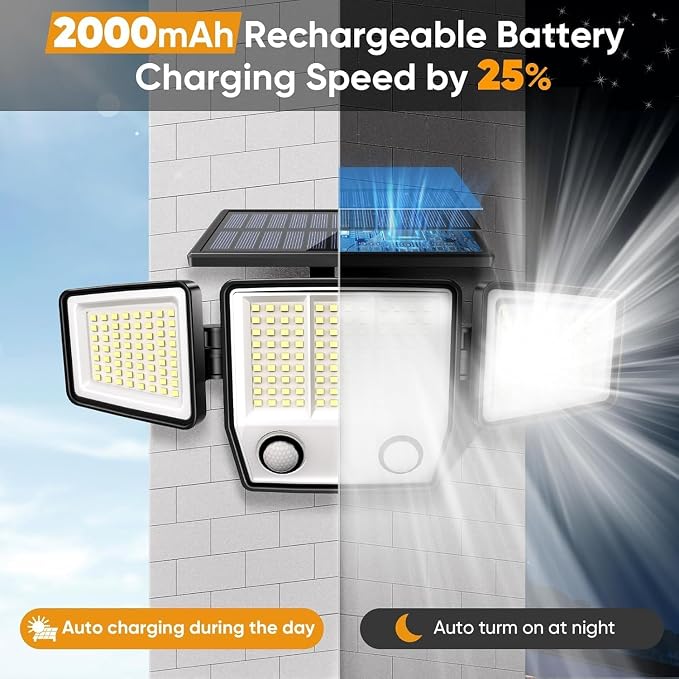 MDCMDCM Solar Motion Sensor Outdoor Lights Waterproof - 3000LM 3 Modes Security Lights Outdoor 270° Illumination IP65 LED Solar Flood Wall Light for Garden Yard Patio Pathway (with Stakes, 4)