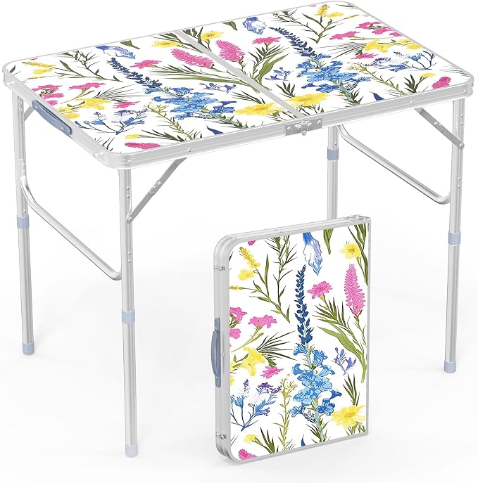 VINGLI 3FT Small Folding Camping Table Adjustable Height Aluminum Folding Table for Picnic Party BBQ, Plastic RV Suitcase Table Portable Lightweight Fold Up Utility Outdoor Tables
