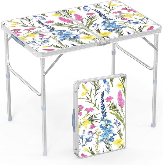 VINGLI 3FT Small Folding Camping Table Adjustable Height Aluminum Folding Table for Picnic Party BBQ, Plastic RV Suitcase Table Portable Lightweight Fold Up Utility Outdoor Tables