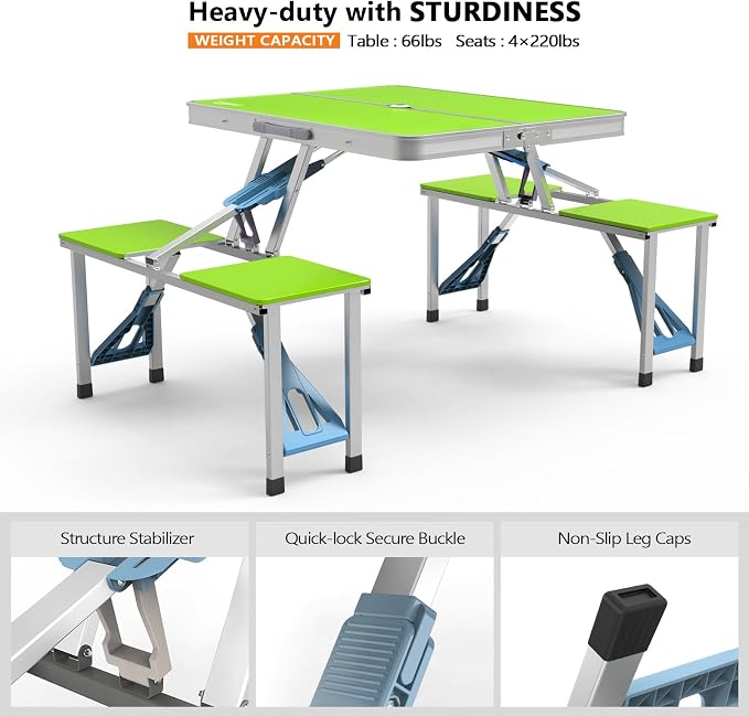 VINGLI 4Ft Portable Folding Picnic Table Camping Table Foldable Set with 4 Seats with Umbrella Hole Suitcase Card Table-220 Lbs Support Aluminum Frame, Plastic RV Tabletop for Yard, Travel-Black