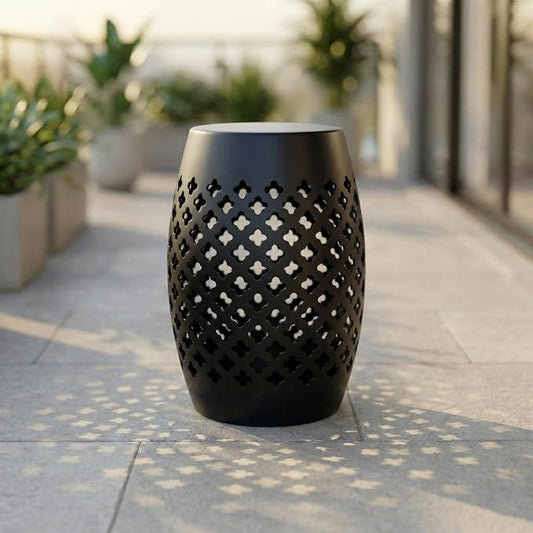 12.5" Metal Outdoor Side Table, Round Hollow Drum Patio End Table with Lattice Pattern, Modern Steel Accent Table for Garden, Balcony, Poolside and Indoor, No Assembly, Black, 18" H