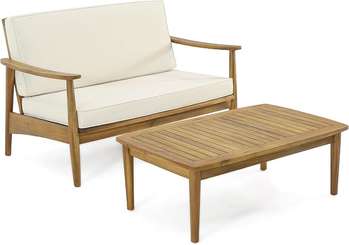 Christopher Knight Home Felix Outdoor Acacia Wood Loveseat Set with Coffee Table, Teak Finish, Beige