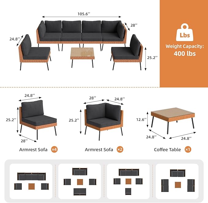 Aoxun 7-Piece Patio Furniture Set, Wicker Outdoor Furniture with Water Resistant Thick Cushions, Patio Conversation Set Outdoor Sectional Sofa with Coffee Table for Backyard Poolside, Black