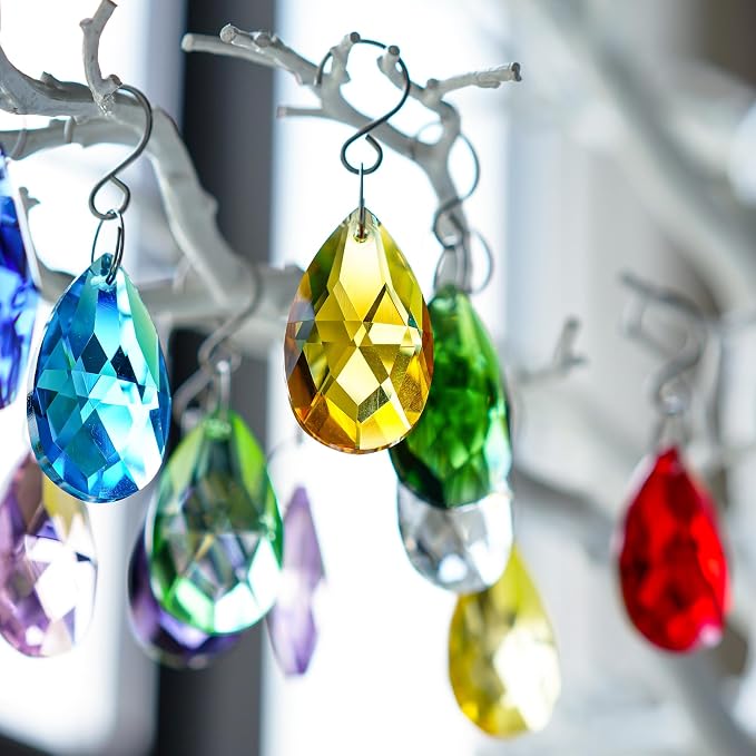 12 Pcs 38mm Multi-Color Crystal Prism Suncatcher Window Decor | Multi-Color Feng Shui Faceted Crystal Grid Prism 38mm Suncatcher Pendant Set of 12 for Window Chandelier Garden Wedding Decor