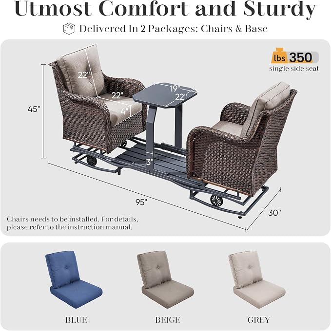 Rilyson Luxury Outdoor Wicker Glider Rocker Chairs for 2 Seats, Patio Wicker Rattan Glider Rocker Chairs with Table, Rocker Chairs Outdoor Furniture Sets for Patio Porch Pool Brown/Beige