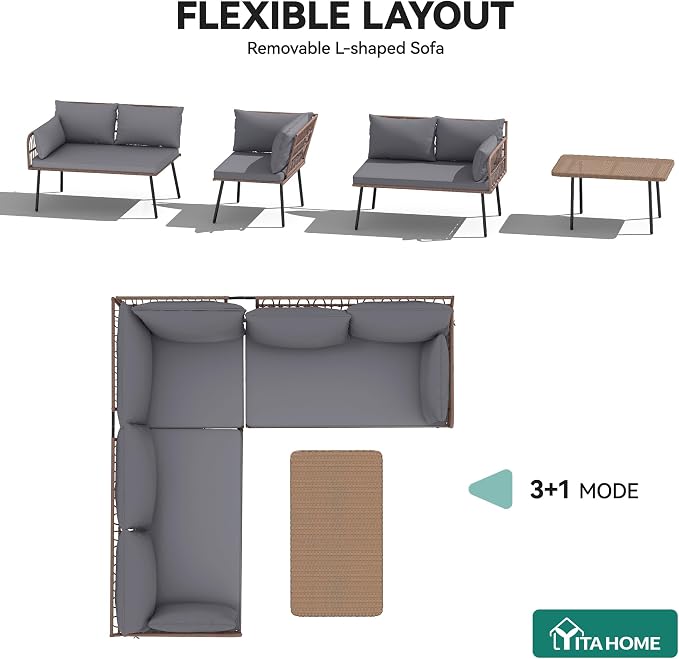 YITAHOME 4-Piece Wicker Patio Furniture Set, All Weather PE Rattan Conversation Set Sectional Sofa with Soft Cushions & Side Table, Porch Furniture for Deck, Balcony, Backyard - Gray