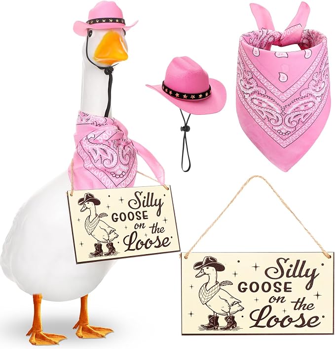 Funny Porch Goose Outfit Decoration Set Silly Goose on The Loose Hangings Sign Cowboy with Outfit Cowboy Hat Bandana for 23" Cement/Plastic Outdoor Statue Patio Yard Lawn Art(Pink)