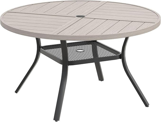 DIFY 40.6" Round Outdoor Patio Dining Table for 4, All-Weather Metal Steel Slatted Patio Table with 1.57" Adjustable Umbrella Hole, for Lawn Garden Porch Backyard, Grey Wood-Like