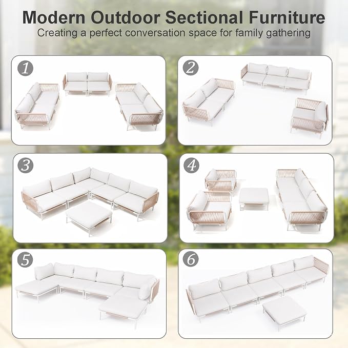 6 Piece Modern Outdoor Sectional Sofa, 31" Oversized Patio Furniture Set with Olefin Woven Rope, Weather-Resistant Metal Frame and Removable Cushion, Beige