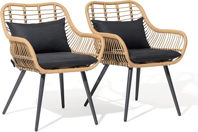 JOIVI 2 PCS Outdoor Patio Chairs, Wicker Dining Chairs with Armrest, Black | Set of 2, All-Weather Outdoor Seating with Iron Frame, w/Seat Cushions, Balcony Furniture for Apartments, Porch, Backyard