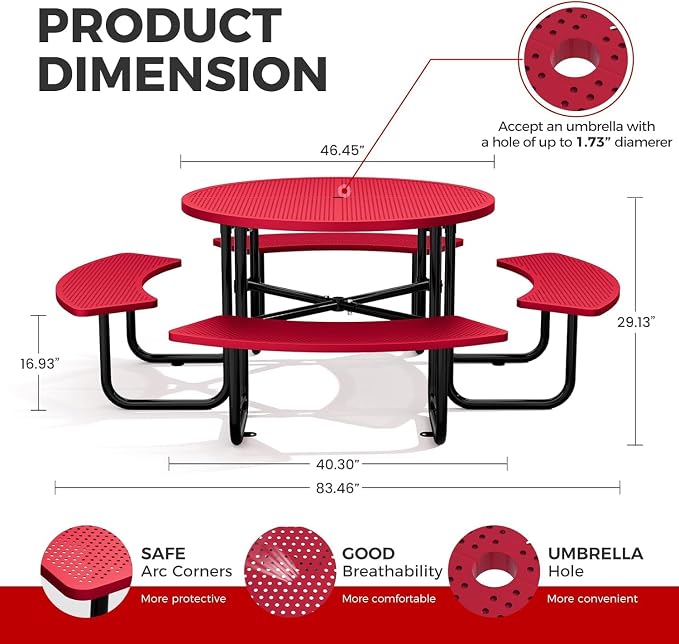 46" Coated Round Metal Picnic Table for 4-8 Person, Durable Heavy Duty Commercial Picnic Table with Umbrella Hole for Outdoor Coffee Shop, School, Easy to Install, Red