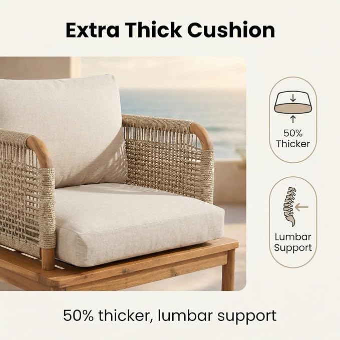 Patio Furniture Set of 2 Chairs, Outdoor Sectional Furniture with Rope Armrests and Thick Washable Cushions, All-Weather Patio Conversation Set for Backyard, Garden and Poolside (Series A)
