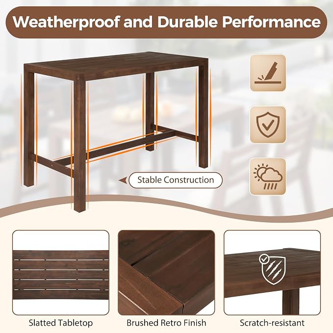 WILLIAMSPACE 51.9" 5-Piece Outdoor Bar Table Set, Patio Acacia Wood Bar Height Table & 4 Chairs with Cushions, Solid Wood Outdoor Dining Bistro Bar Set for Poolside, Balcony, Backyard (Mocha)