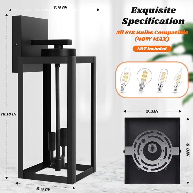 2-Pack 18inch Outdoor Light Fixtures, Waterproof Black Outside Wall Lanterns with Clear Glass, Anti-Rust Exterior Wall Sconces, Front Porch Lights for House Garage Doorway, Bulbs Not Included