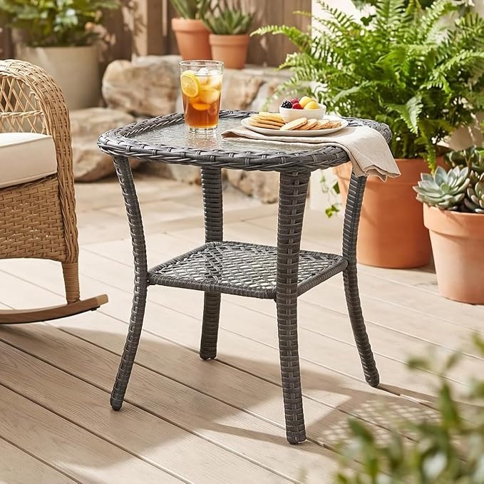 Outdoor Wicker Side Table, Patio End Table with Water-Ripple Tempered Glass Top, Rounded Corners & Floor-Friendly Wrapped Legs, Small Coffee Table for Covered Deck, Balcony, Small Living Room