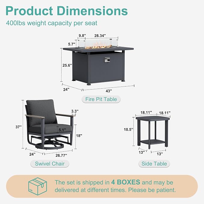 7Pcs Patio Rocking Swivel Chair with 55,000 BTU Fire Pit Table Outdoor Aluminum Bistro Set with Coffee Table, Patio Furniture Set with High Backrest & Thickened Cushions, Dark Grey