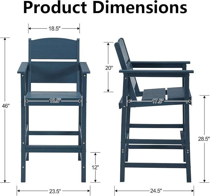 HDPE Outdoor Bar Height Chairs Set of 6, 28.5" Seat All-Weather High Top Patio Stools with Backrest, Heavy Duty Commercial Grade Deck Seating for Backyard Party/Pool/Balcony, Wood Texture Blue