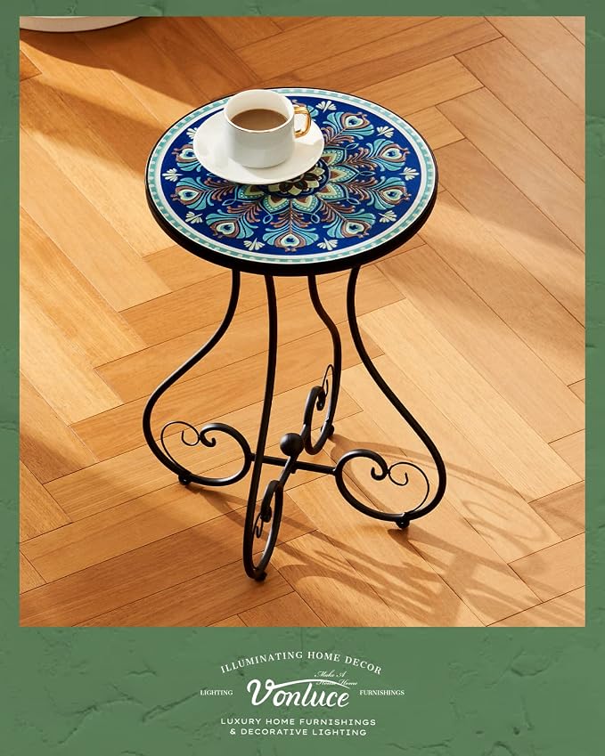 VONLUCE Outdoor Side Table and Mosaic Plant Stand, 21" Round End Table with 14" Ceramic Tile Top for Patio Porch Decor, Indoor & Outdoor Accent Table, Small Coffee Table for Home and Garden, Peacock
