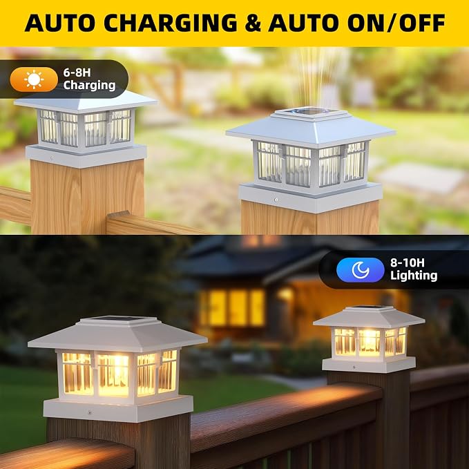 4x4 Solar Post Cap Lights, Classic White, 4 Pack, Warm & Cool White | Fits 4x4 Wooden and Vinyl Posts,Fence Deck Post Lights,Edison-style bulb