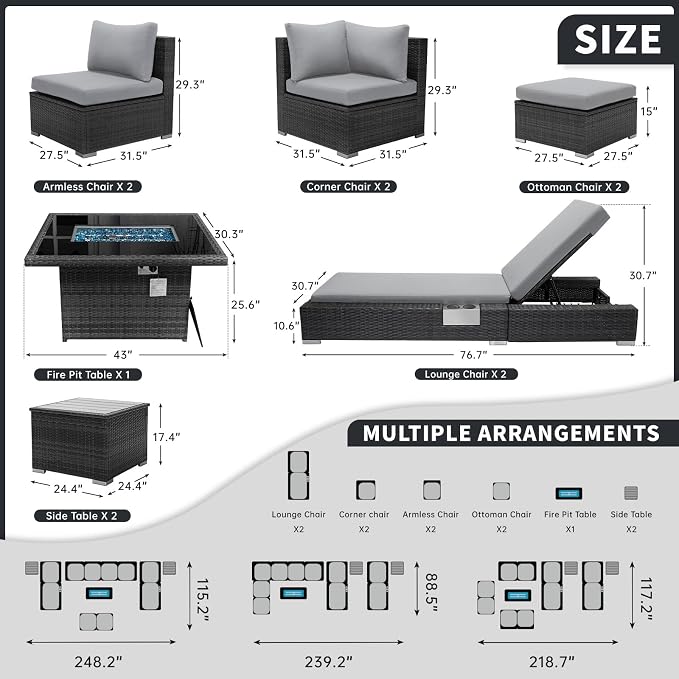 BULEXYARD 11 Piece Large High Back Grey Rattan Patio Furniture Sets with Firepit Table and Loungers, Comfortable Extra Deep Wide Seat Outdoor Sectional Conversation Couch Sofa Modualr, Light Gray