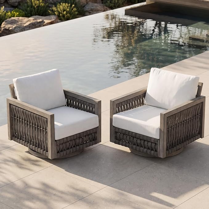 Swivel Patio Chairs Set of 2, Outdoor Aluminum Swivel Chairs with Washable Cushions, 2 Pieces Rope Weave Swivel Patio Sofa Armchair, Outdoor Furniture Set for Garden, Porch, Poolside, Gray Oak