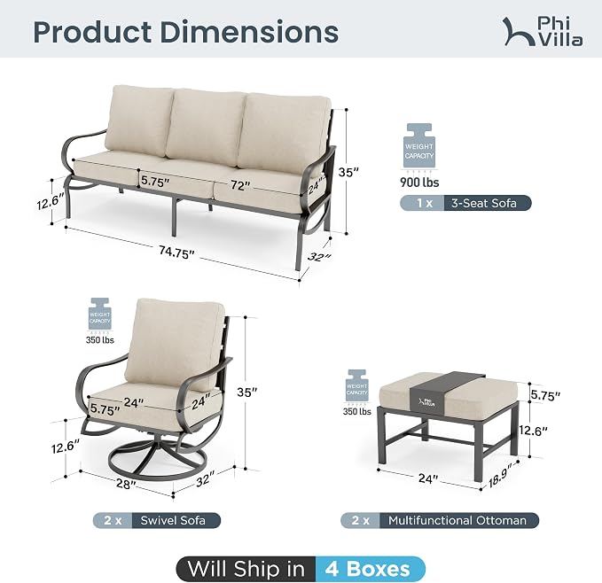 PHI VILLA 5 Piece Metal Patio Furniture Set with 5.75" Cushion, Modern Outdoor Furniture Set with 3-Seater Deep Seating Sofa, 2 Patio Swivel Chairs & 2 Ottoman, Patio Conversation Sets for Garden Deck