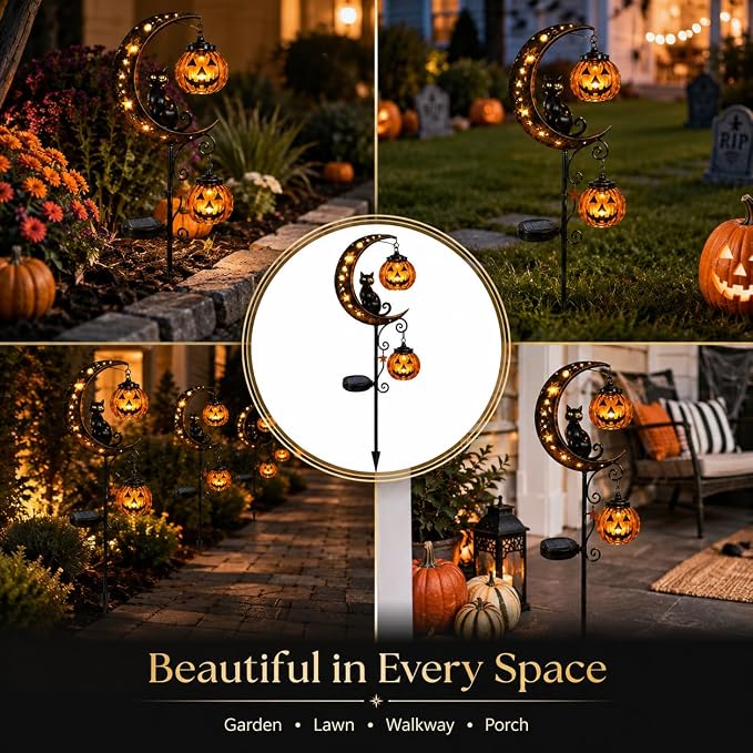 Solar Halloween Black Cat & Pumpkin Moon Garden Stake Light, Outdoor Waterproof LED Yard Decoration with Crescent Moon, Hanging Jack-o'-Lantern Lantern for Garden, Patio, Walkway, Porch (Style C C)