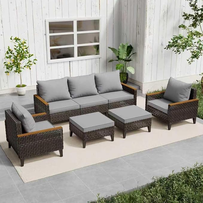 7 Piece Patio Sectional Sofa Furniture Set, All-Weather Wicker Rattan Outdoor Conversation Set with High Back and Thick Cushions, for Garden, Porch, Poolside, Gray