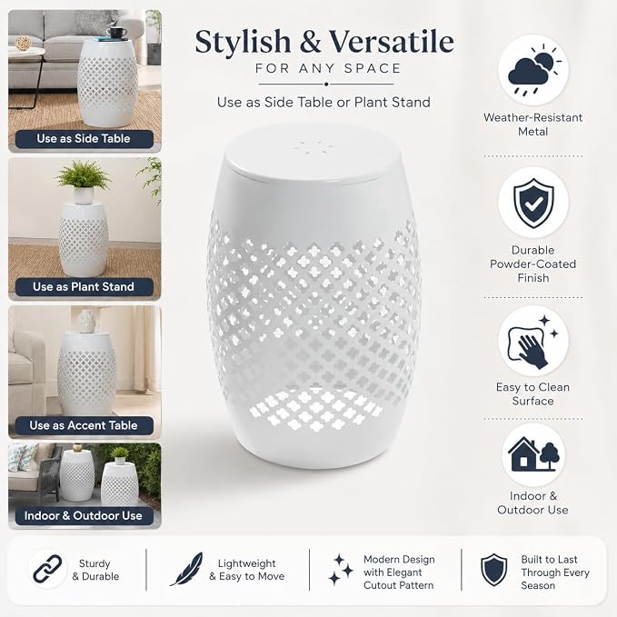12" Outdoor Side Table, Decorative Cutout Metal Round Side Table, Multi Functional - Coffee Table, Night Stand, Plant Stand for Patio, Garden, Backyard, Gazebo Indoor (White)