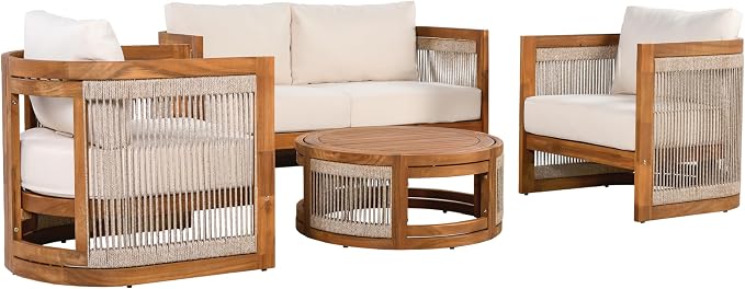 KLMM 4-Piece Patio Seating Group with 2 Chairs, Loveseat & Table,Acacia Wood Outdoor Furniture Set, Curved Tub Design with Woven Rope Accents,for Patio Balcony Garden (Teak+Beige-PP)