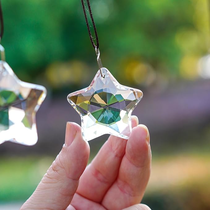 2 Pcs 2 Inch Clear Crystal Star Prism Suncatcher Hanging Decor | Clear Crystal Sun Catcher Prisms Star Shaped Hanging Pendants Set of 2 for Chandelier Patio Garden Window Home Wedding Decor