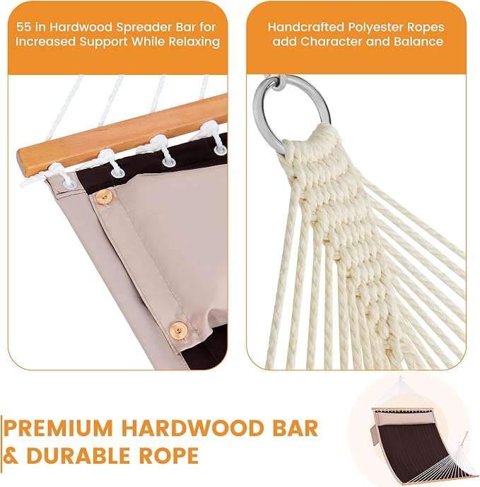 Lazy Daze Hammocks 2 Person Double Quilted Hammock with Spreader Bar, Detachable Pillow & Side Pocket, 450lbs Capacity for Patio Yard Garden Outdoor, Brown